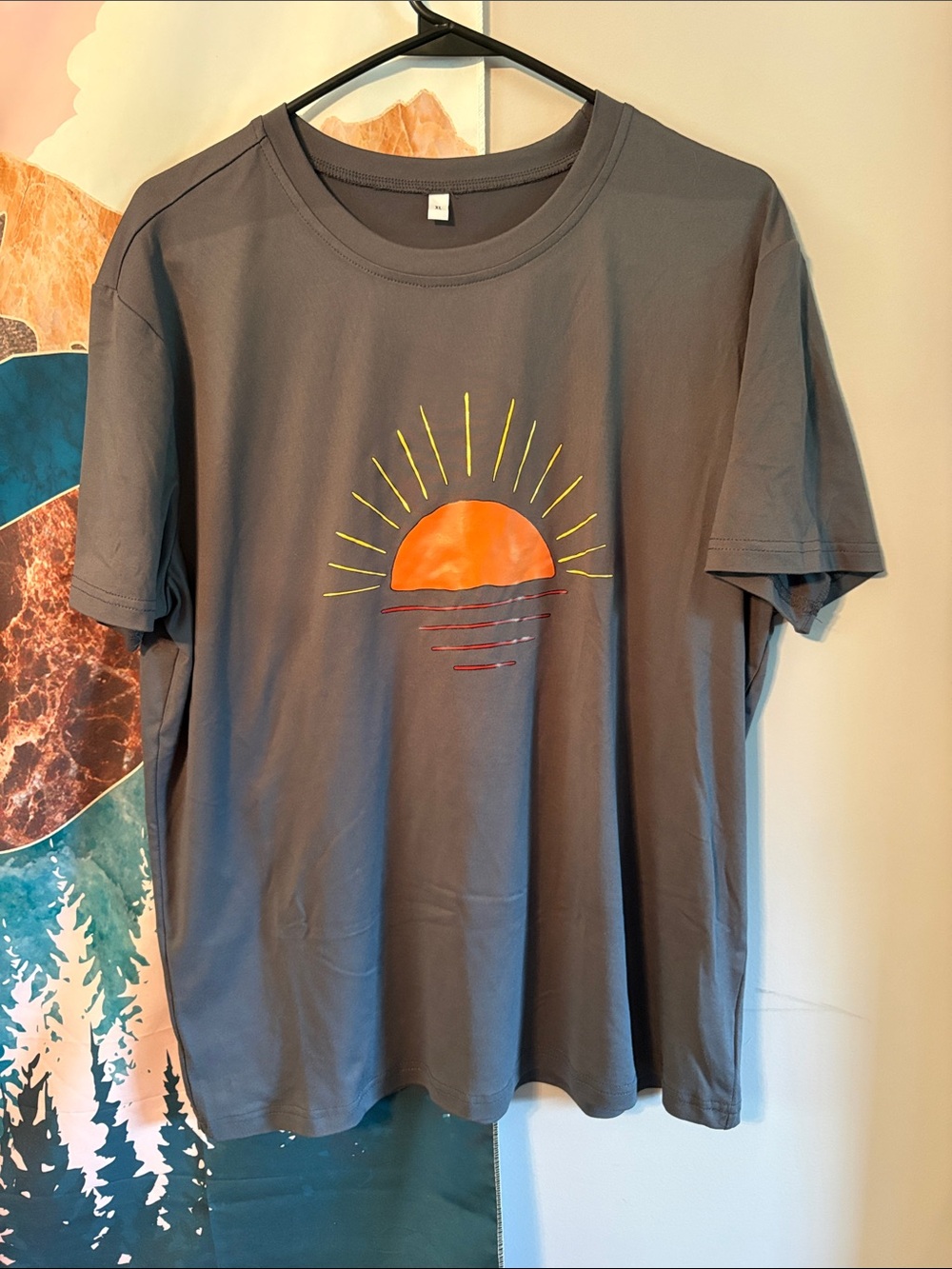 SHEIN Gray Short Sleeve Tee with Orange Sun Graphic